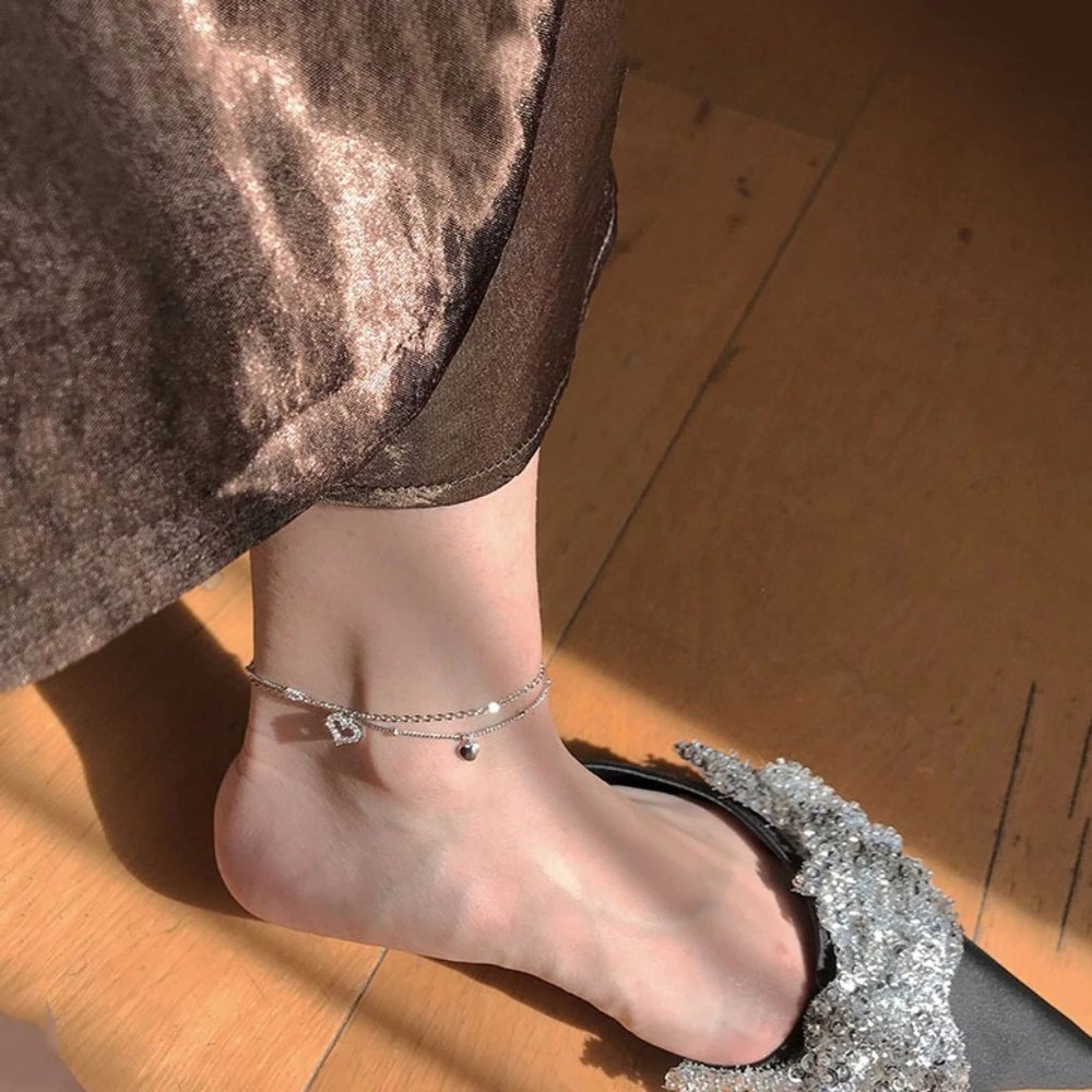 NEW 925 Sterling Silver Diamond Heart Layer Anklet - Picture 9 of 12